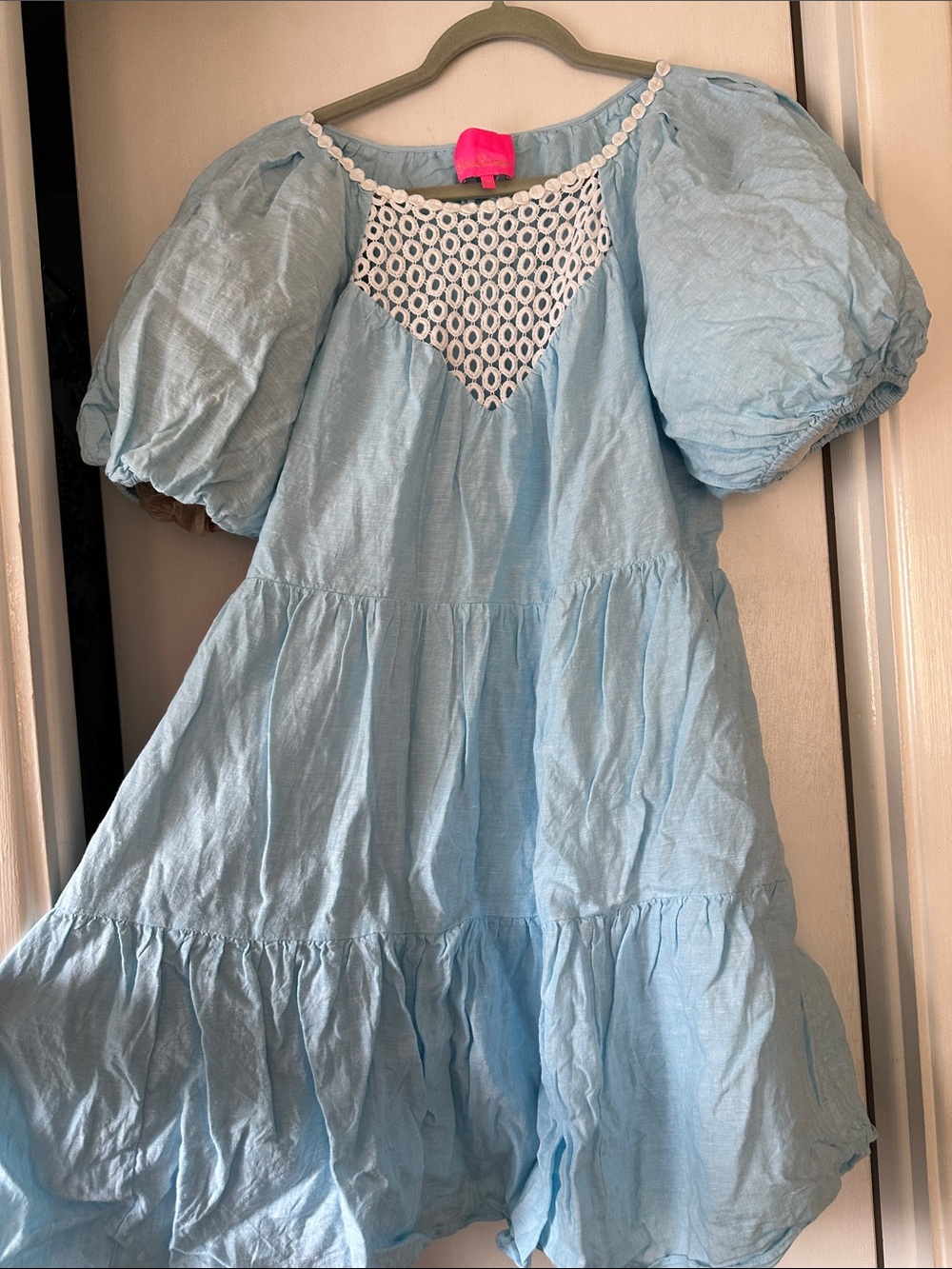 Lilly Pulitzer Sky Blue Puff Sleeve Tiered Dress with Lace Yoke